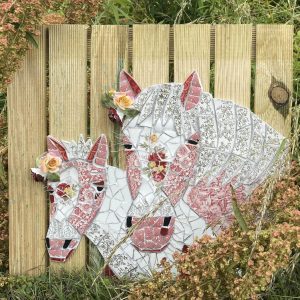 Pink and white mother and daughter horse mosaic artwork