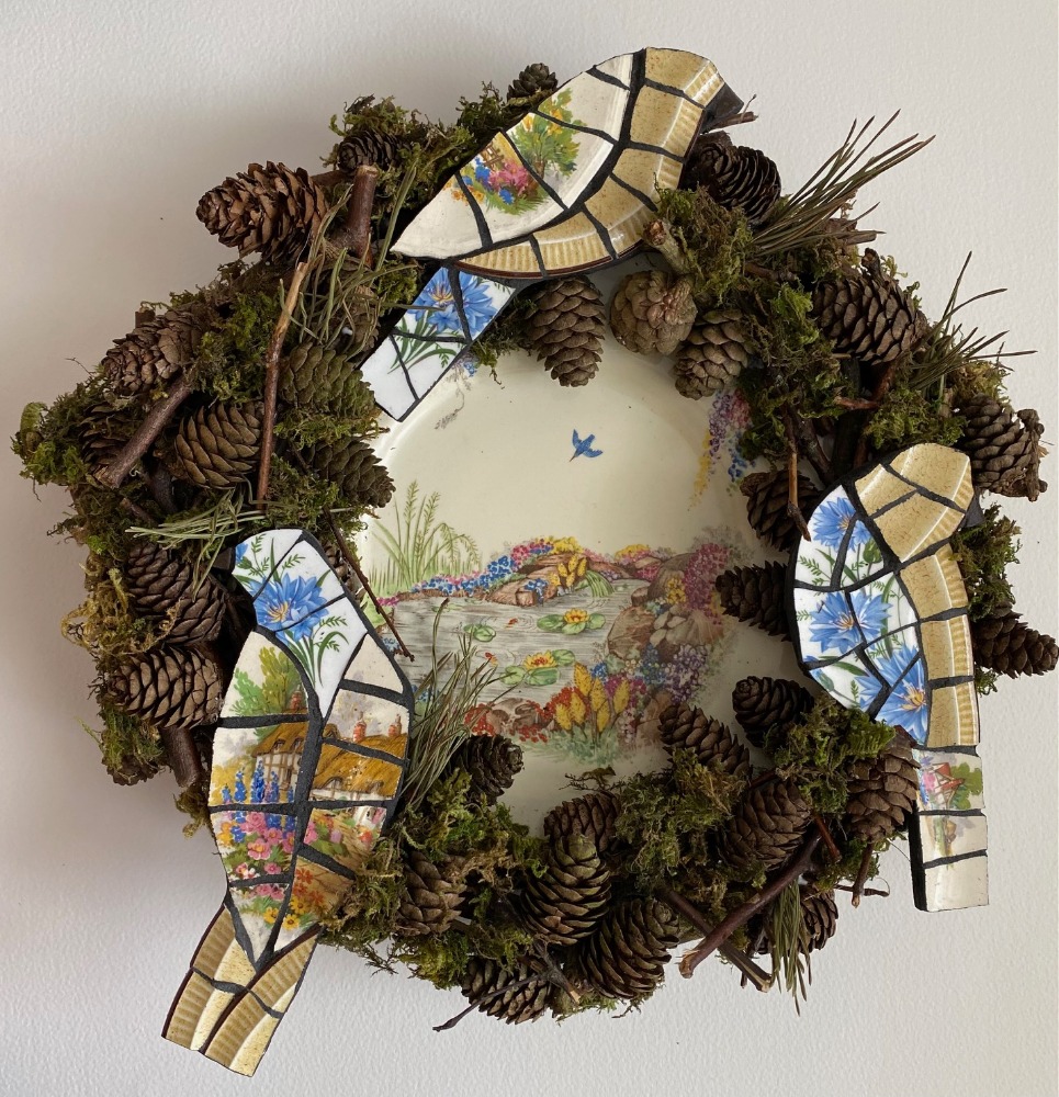 MDF mosaic birds made from vintage china on vintage plate with birds nest