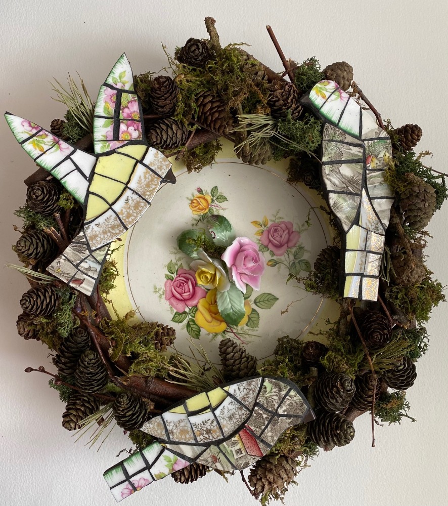 MDF mosaic birds made from vintage china on vintage plate with birds nest