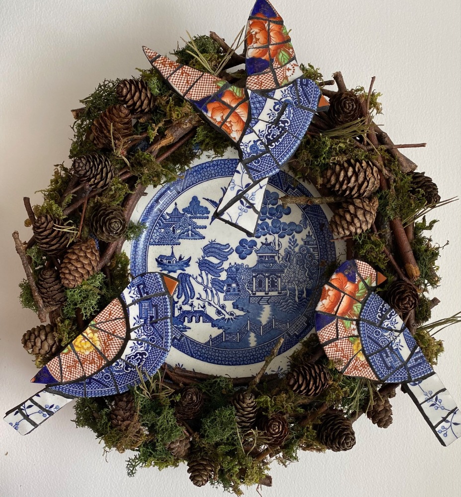 MDF mosaic birds made from vintage china on vintage plate with birds nest