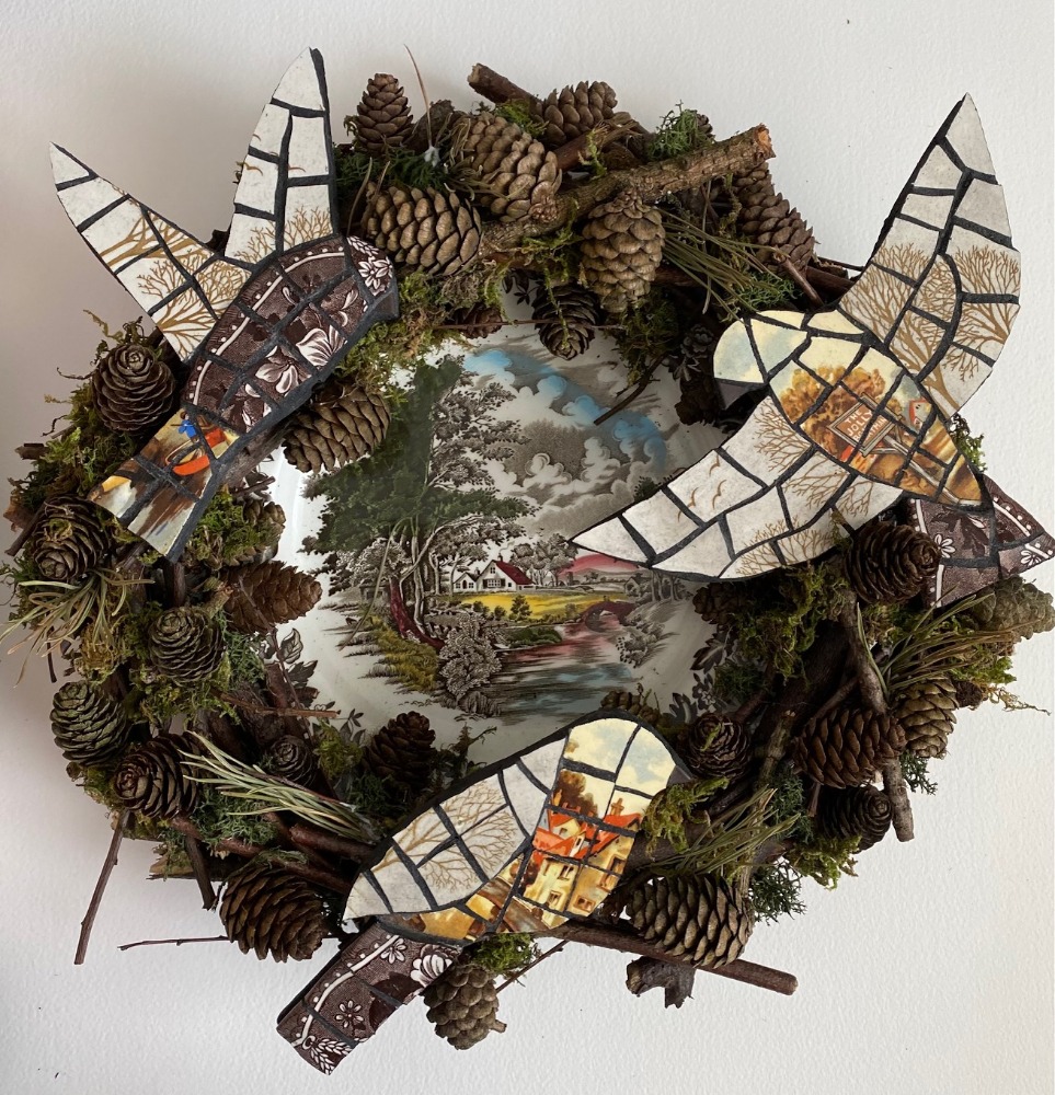 MDF mosaic birds made from vintage china on vintage plate with birds nest