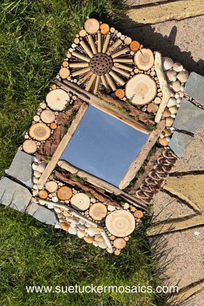 Aerial views of the earth have influenced my collection of mixed-media wall art. These pieces capture the essence of forests, woodlands, farmland, mountains, volcanoes, rock formations, oceans, meandering rivers and streams. Using logs, branches, twigs, driftwood, bamboo, bark, slate, seed pods, shells, moss, stones, and ceramic fragments—along with nails and springs naturally weathered over time.