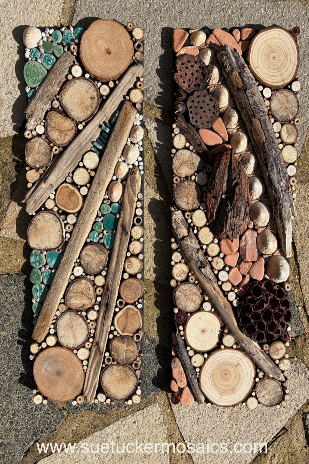 Aerial views of the earth have influenced my collection of mixed-media wall art. These pieces capture the essence of forests, woodlands, farmland, mountains, volcanoes, rock formations, oceans, meandering rivers and streams. Using logs, branches, twigs, driftwood, bamboo, bark, slate, seed pods, shells, moss, stones, and ceramic fragments—along with nails and springs naturally weathered over time.