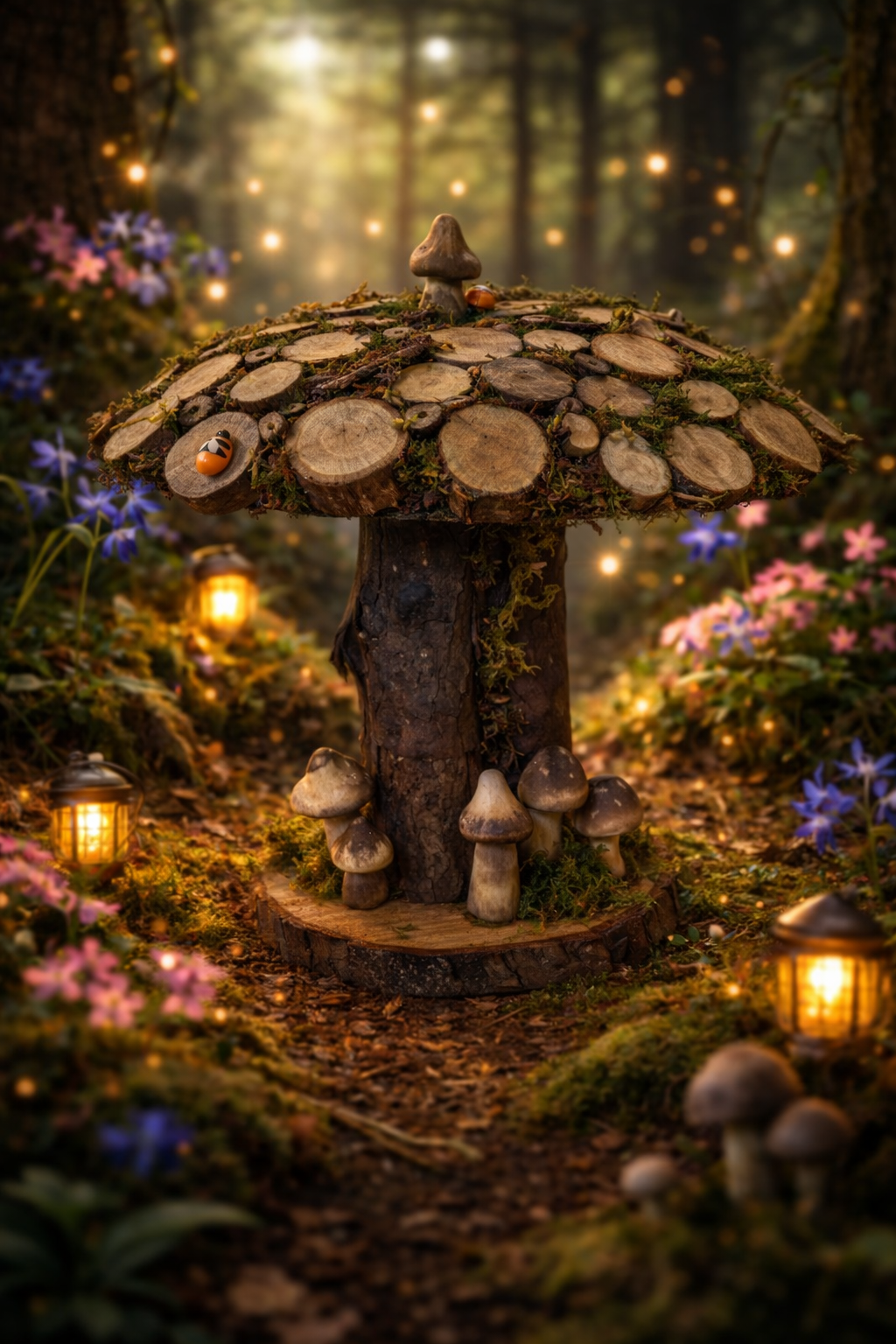 This mushroom ornament is sculpted from an eco-conscious resin dome, The surface is carefully adorned with natural wooden log slices and preserved moss, creating rich texture and an authentic woodland feel. Set upon a solid log stem, the piece feels both grounded and sculptural—an elegant fusion of natural elements and contemporary craftsmanship. Each ornament is entirely unique, echoing the quiet beauty of the forest floor in a refined, decorative form.