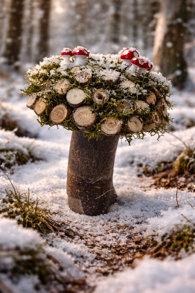 This mushroom ornament is sculpted from an eco-conscious resin dome, The surface is carefully adorned with natural wooden log slices and preserved moss, creating rich texture and an authentic woodland feel. Set upon a solid log stem, the piece feels both grounded and sculptural—an elegant fusion of natural elements and contemporary craftsmanship. Each ornament is entirely unique, echoing the quiet beauty of the forest floor in a refined, decorative form.